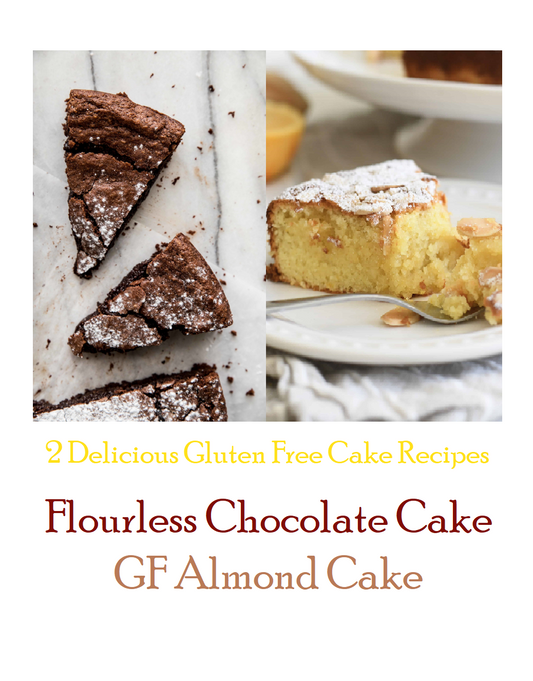 two digital recipe cards, almond cake and flourless chocolate cake